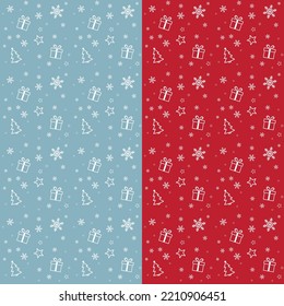 patrón de vacaciones, diseño de papel de envoltura de navidad, decoración de año nuevo, elementos blancos sin soldadura sobre fondo rojo y azul, vector