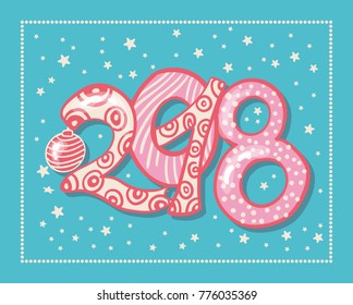 Holiday pattern with color hand lettering 2018 and Happy New Year blue background with snow and stars vector image. Colorful celebration pattern for New Year and Christmas holiday