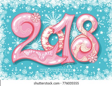 Holiday pattern with color hand lettering 2018 and Happy New Year blue bckground with snow and stars vector image. Colorful celebration pattern for New Year and Christmas holiday