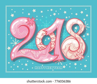 Holiday pattern with color hand lettering 2018 and Happy New Year blue bckground with snow and stars vector image. Colorful celebration pattern for New Year and Christmas holiday