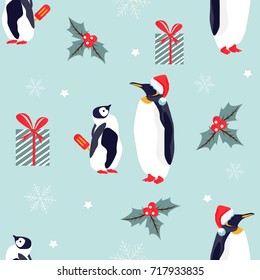 Holiday pattern with cute Emperor penguins 