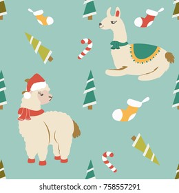 Holiday pattern with cute lamas and elements 