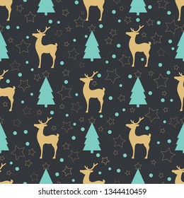 Holiday pattern depicting the deer of in forest. Christmas seamless background. Winter backdrop. Vector illustration.