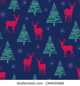 Holiday pattern depicting the deer of in forest on blue backdrop. Christmas seamless background. Vector illustration.