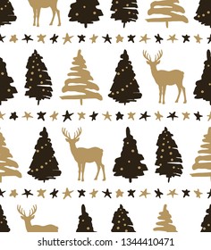 Holiday pattern depicting the deer of in forest on white backdrop. Christmas seamless background. Vector illustration.