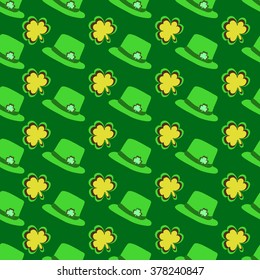 Holiday pattern with green hat and clover on green background for St. Patrick's Day. March 17. Vector illustration