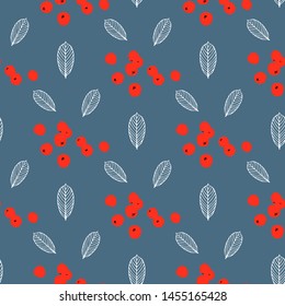 Holiday pattern with leaves and rowan berries. Seamless winter texture, print for fabric, celebratory
wrapping paper, design element for greeting card, calendar.