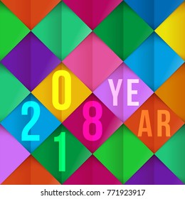 Holiday pattern New Year 2018 on seamless background on colored rhombus vector illustration. Geometric holiday postcard from colored pieces vector art