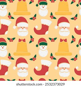Holiday pattern with Santa, snowmen, stockings, and holly, Vector