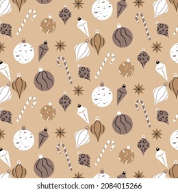 Holiday pattern with various ornaments and candy canes