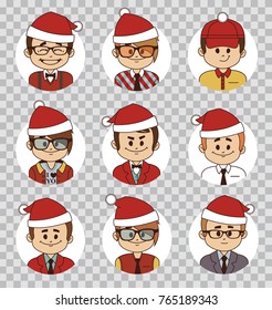 Holiday people avatars collection. Office team. Characters in Santa Claus hats. Men and women in Santa Claus costume. Business team. Flat characters on transparent background