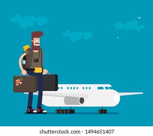 Holiday for people with travel bag. Flat vector