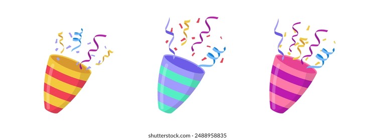 Holiday petard cracker set. Confetti firecracker multicolor illustration.