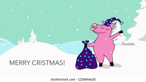 holiday pig in a cap with a bag of gifts on the background of snow-capped mountains and fir-trees horizontal picture