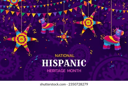 Holiday pinatas on national hispanic heritage month festival banner. Vector vibrant cultural event promo background with colorful stars, donkey, flag garlands and confetti on purple patterned backdrop