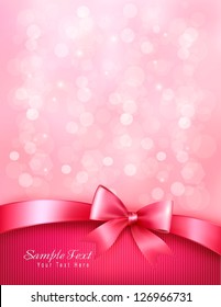 Holiday pink background with gift glossy bow and ribbon. Valentine's background. Vector