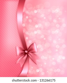 Holiday pink background with gift glossy bow and ribbon. Vector