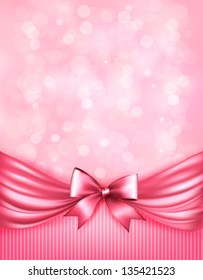 Holiday pink background with gift glossy bow and ribbon. Vector