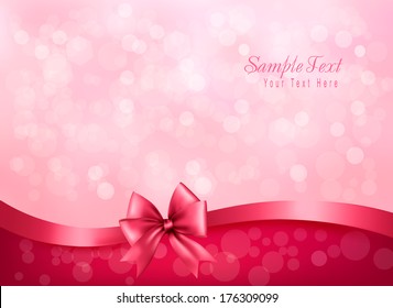 Holiday pink background with gift glossy bow and ribbon. Vector