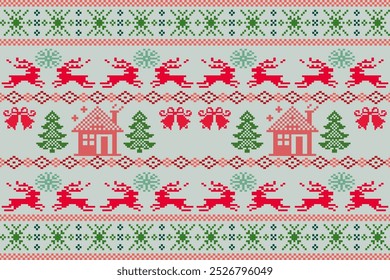 Holiday Pixel Art Pattern with Geometric Shapes Christmas Design in Lively Colors.Perfect for All Ages, Ideal for Scarves, Blankets, Tablecloths, Rugs,Decorations,ethnic pattern 