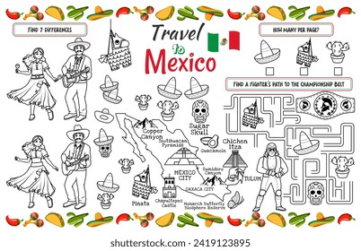 Una servilleta de vacaciones para los niños. Imprimir la alfombra "Viajar a México" con un laberinto, encontrar las diferencias y encontrar las mismas. archivo vectorial de 17x11 pulgadas imprimible