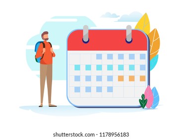 Holiday plan trip. Travel schedule.  Calendar, Vacation, Tourism, Backpacker. Flat cartoon miniature  illustration vector graphic on white background.