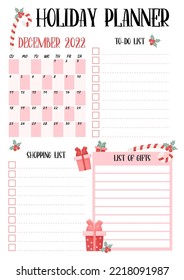 Holiday Planner. Christmas Organizer, Month Calendar December 2022, To-do List, Shopping And Gift List. Vector Illustration. New Years Vertical Template Planner For Print, Design, Decor, Stationery