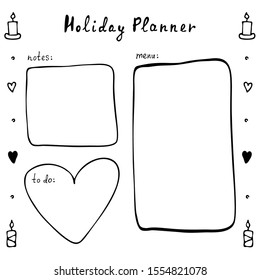 Holiday planner for notes, menus and to-do list. Write down everything you need to do for the holiday. Decorated with hand-drawn winter elements.