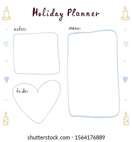 Holiday planner for notes, menus and to-do list. Write down everything you need to do for the holiday. Decorated with winter elements. Hand- drawn.