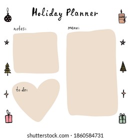 Holiday planner for notes, menus and to-do list. For everything you need to do for the holiday. Diary, notebook. Vector. On a white background. Hand drawn. Colored illustrations in cartoon style.