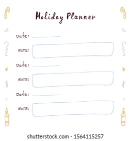 Holiday planner for notes and to-do list. Write down everything you need to do for the holiday. Colored and decorated winter elements, hand-drawn.