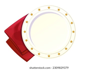 Feiertagsschild, helle, leere Teller-Draufsicht mit goldenen Sternen, Grandschmuck Weihnachtsdekoration, festliche Serviette im Cartoon-Stil einzeln auf weißem Hintergrund.