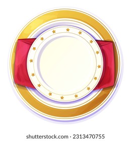 Holiday plate, bright empty dish top view with golden stars, border ornament Christmas decoration, festive napkin in cartoon style isolated on white background.