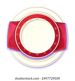 Holiday plate, bright empty dish top view with golden stars, border ornament Christmas decoration, festive napkin in cartoon style isolated on white background.