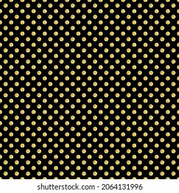 Holiday polka dot pattern with gold glitter. Vector illustration with small golden confetti circles on black background. Geometric seamless texture with yellow shine spots