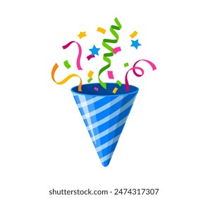 Holiday popper cone, firecracker for birthday party or carnival celebration. Vector blue striped popper or cracker exploding color paper confetti, ribbons, streamers and stars, cartoon firecracker