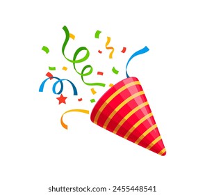 Holiday popper cone, striped birthday party firecracker with confetti, stars and paper ribbons. Isolated vector festive streamer launcher explode with a cascade of dazzling colors in a burst of cheer