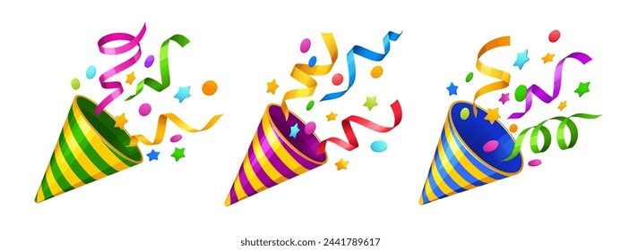 Holiday popper cones with striped firecracker for birthday party, vector confetti ribbons. Holiday festival or carnival celebration cartoon popper cones or pop crackers with confetti streamers