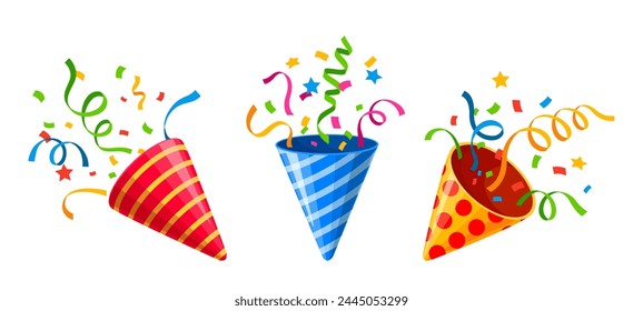 Holiday popper striped cone, birthday party firecrackers with confetti. Isolated cartoon vector vibrant shooters burst of joy, releasing festive ribbons to celebrate carnival bash or special occasion