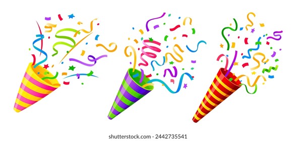 Holiday popper striped cone, firecracker with confetti. Isolated cartoon vector vibrant birthday party shooters burst of joy, releasing festive ribbons to celebrate carnival or special occasion