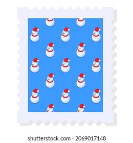 Holiday postage stamp with cute snowmen pattern. Xmas decorative design element for letters. Vector illustration on white background.