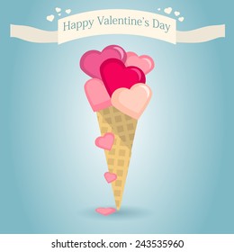 Holiday Postcard for Valentine'??s day in flat design. Ice cream made of hearts