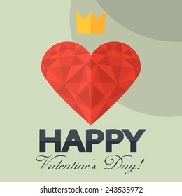 Holiday Postcard for Valentine'??s day in flat design. Diamond heart with crown