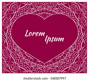 Holiday postcard, frame for your greetings with Valentine's Day, invitation, holiday, wedding, Declaration of love. Vector background of the mandala.