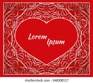 Holiday postcard, frame for your greetings with Valentine's Day, invitation, holiday, wedding, Declaration of love. Vector background of the mandala.