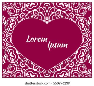 Holiday postcard, frame for your greetings with Valentine's Day, invitation, holiday, wedding, Declaration of love. Vector background of the mandala.