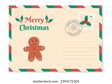 Holiday postcard, letter envelope. Christmas card with with text, seal and stamp. Winter holiday greeting card with traditional elements. Vector illustration.