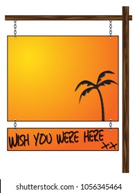 A Holiday Postcard Wish You Were Here Hanging Sign With Writing Space Isolated On A White Background