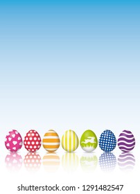 Holiday poster background, colorful easter eggs with white patterns reflected on white surface, sky background