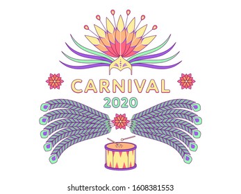 Holiday poster Carnival 2020. Vector illustration of festival and carnival in Brazil. Colorful festive composition with text, headwear, feathers, flowers and drum on white background